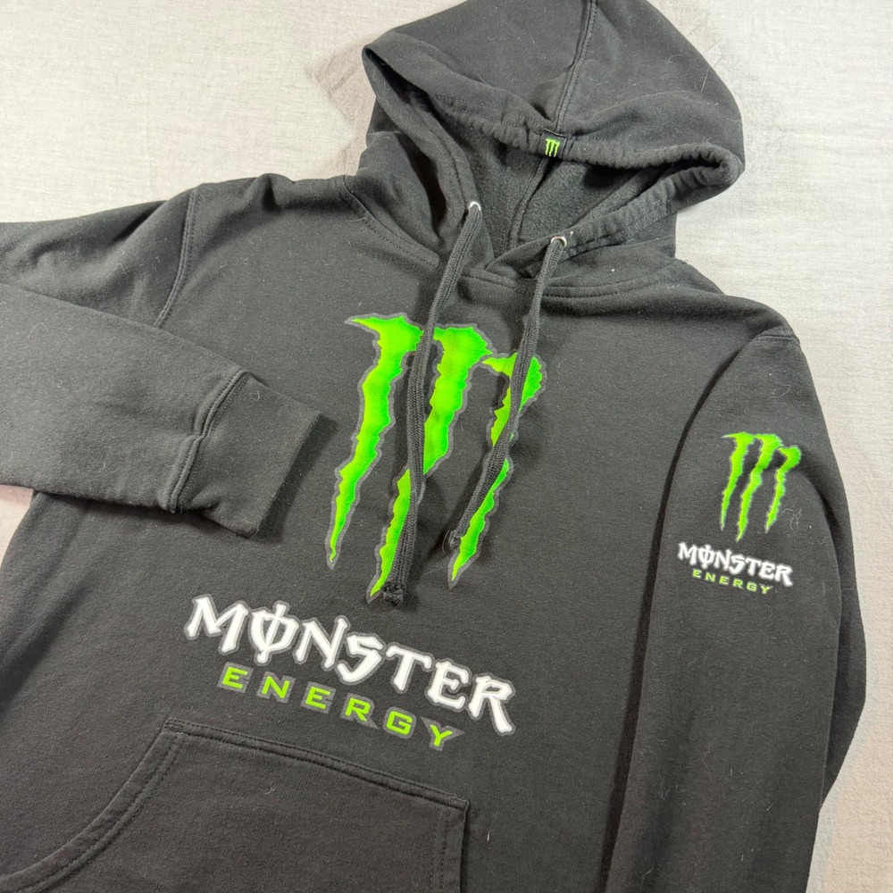 Monster Energy Hoodie Mens Large Black Graphic Logo Pullover Sweatshirt EUC